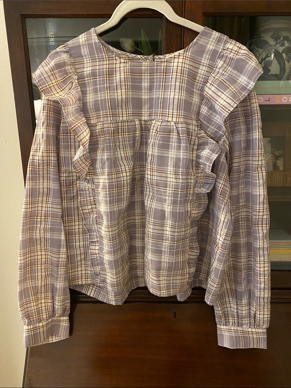 LOFT Lavender and Tan Plaid Ruffle-Front Blouse